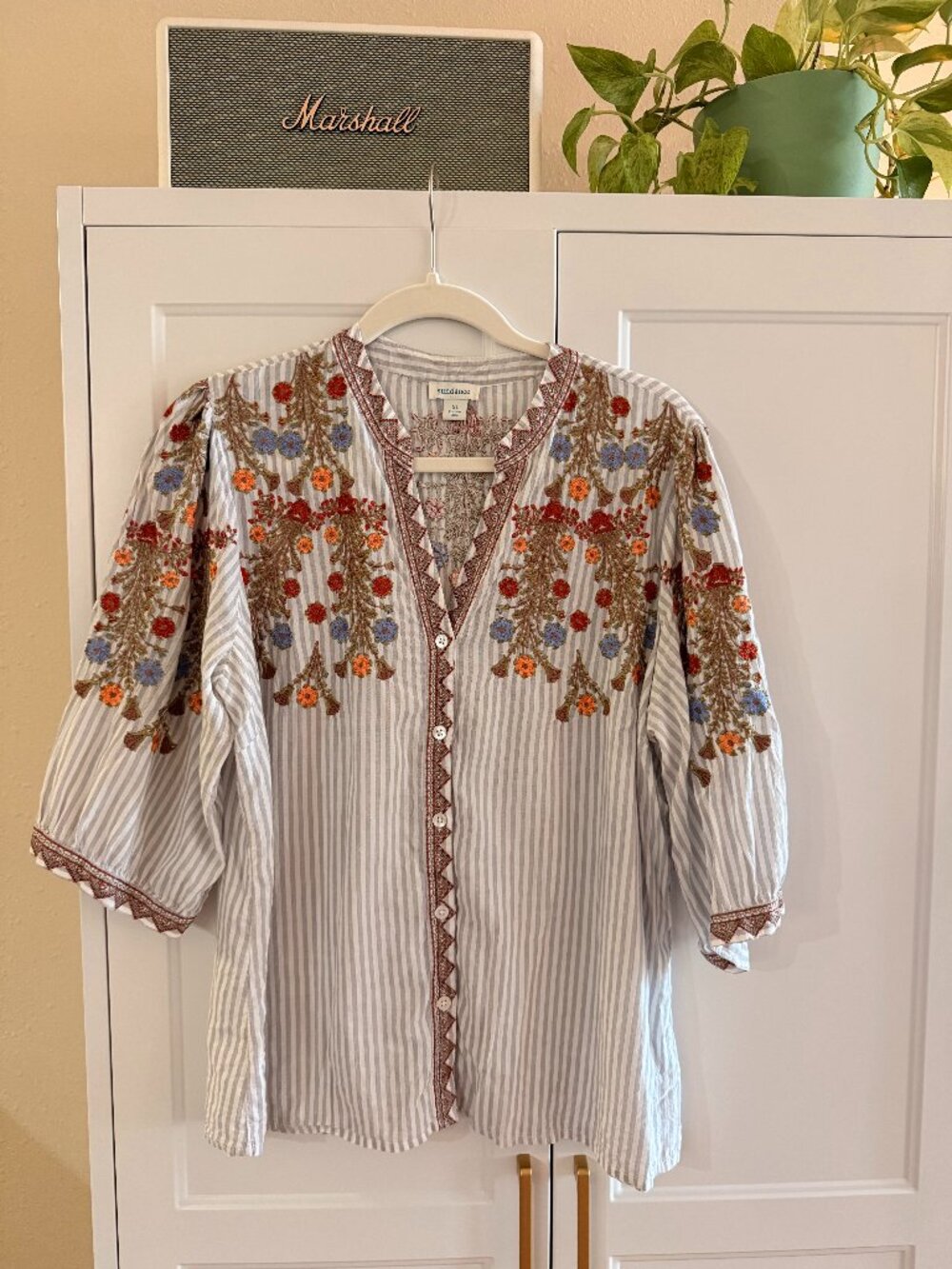 Sundance Embroidered Floral Blouse - Rust & Blue, Size XL